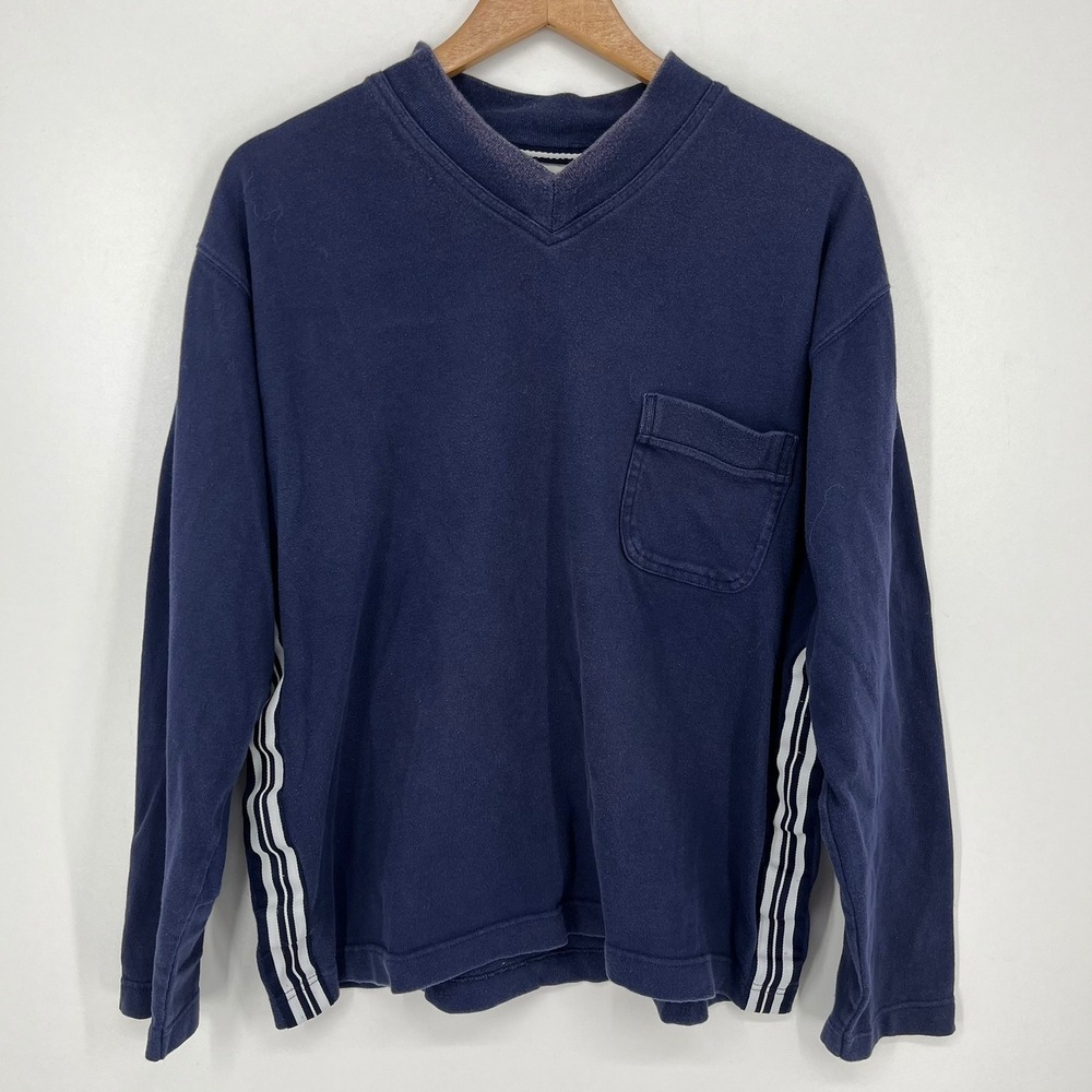 Gap Athletic Mens Navy Blue V-Neck Sweatshirt Racing Stripes Large Vtg 90s